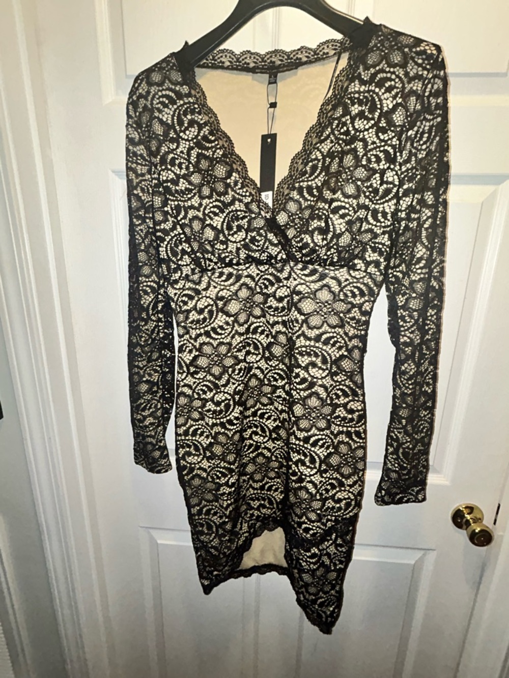 Black Lace Overlay V-Neck Long Sleeve Dress